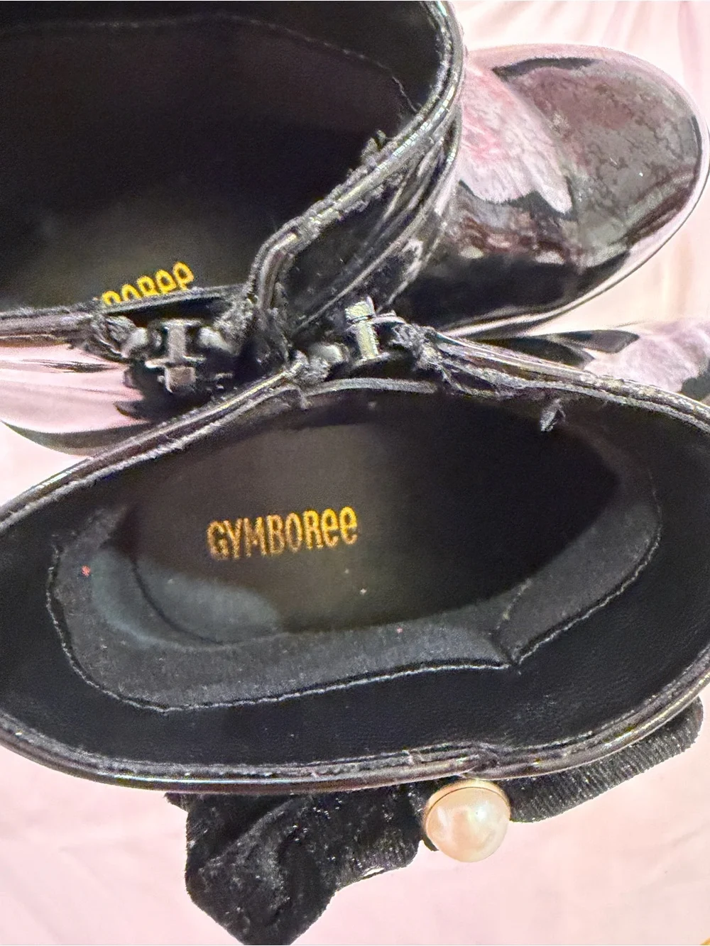 Gymboree Black Patent Ankle Boots with Pearl Bow Accent